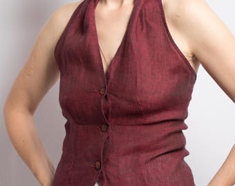 Vintage Burgundy Linen Halter Top Button up Size S