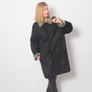 Vintage Black Shearling Coat Women Oversized Sheepskin Jacket Size L Gift Idea