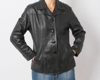 Italian 70s Black Leather Jacket by Stefano Guido Grunge Preppy University School  Size M Gift for Girlfriend Wife