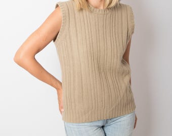 Vintage Benetton beige wollen vest dames mouwloze trui groot formaat preppy kantoorstijl Cadeau voor vriendin