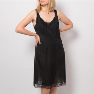 Vintage Black Nylon Full Slip Dress Underdress with Lace Details Sexy Feminine Lingerie Size L