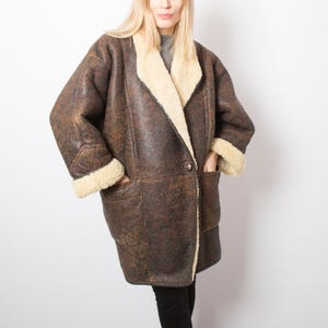 Vintage Rustic Shearling Coat Glam Oversized Sheepskin Coat Size L Original Gift