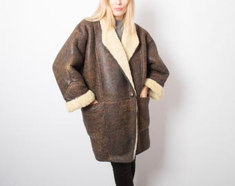 Vintage Rustic Shearling Coat Glam Oversized Sheepskin Coat Size L Original Gift