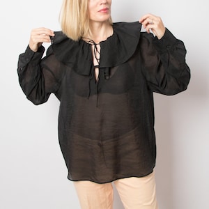 90s Ruffle Collar Shirt Pirate Blouse Black Ruffle Blouse Poet Sleeve Gothic Black Pirate Shirt See Through Blouse XL Size