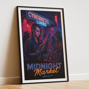 May include: A woman with a cybernetic arm stands in a neon-lit market, looking at a display of robotic limbs. The sign above reads "Cybernetic Limbs" and the market is called "Midnight Market".