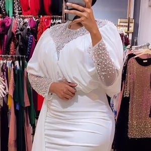 Beaded White Wedding Guest Dress Drape, Plus Size Mother of The Bride Mermaid Gown, Anniversary Party Birthday Gala Bridal Reception Grad