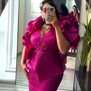 Fuchsia Wedding Guest Dress Sequin Ruffles Peplum, Mother of Bride Plus Maxi Birthday Photoshoot Reception Gala Anniversary Graduation Dance