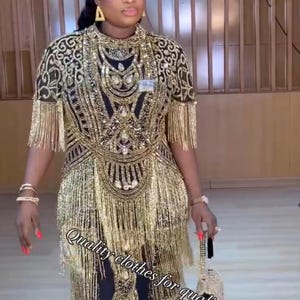 Gold Crystal Embellished Wedding Guest Fringe Dress Flapper Curvy Mother of Bride Gown Birthday Party Photoshoot Cocktail Reception Couture