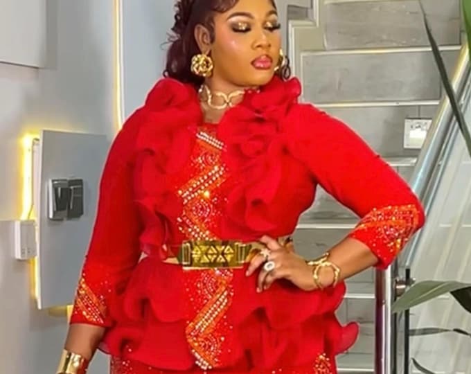 Red Ruffle Peplum Rhinestone Maxi Dress Wedding Guest Mother of The Bride Cocktail Party Birthday Gala Ceremony Anniversary Dinner Reception