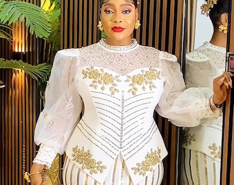 White Gold Embellished Wedding Guest Dress Peplum, Plus Size Mother of Bride Outfit Birthday Party Reception Grad Gala Anniversary Cocktail