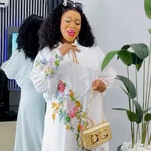 Caftan blanc à ornements, robe d&#39;invité de mariage nigérian à volants, tenue de mère de la mariée Bubu grande taille, fête africaine, dîner d&#39;anniversaire, gala