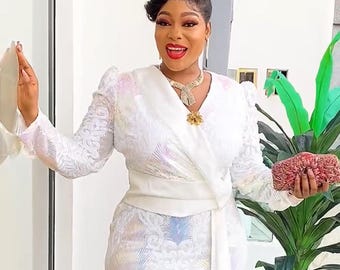 White Sequin Wedding Guest Mermaid Dress, Plus Size Gown Mother of Bride Birthday Party Reception Celebrant Worthy Gala Anniversary Cocktail