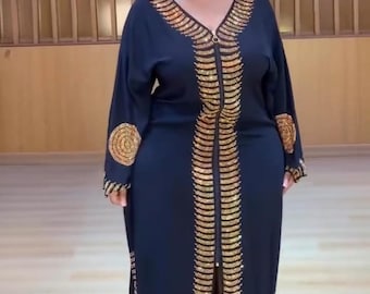 Luxury Black Kaftan with Rhinestone Embroidery, Curvy African Wedding Guest Dress Bubu, Plus Size Mother of Bride Attire, Party Birthday