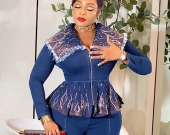 Blue Denim und Diamonds Geburtstags Outfit 2 Stück Set Stretch Curvy Jeans Strass Top & Hose Konzert Ladies Night Party Dinner Fotoshooting