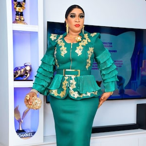 Green Sequin Wedding Guest 2 Piece Skirt + Top Ruffle, Plus Size Mother of Bride Outfit Peplum, Birthday Anniversary Dinner Party Graduation