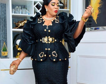 Dramatic Black Ruffle Embellished Peplum Top and Skirt, Mother of The Bride Outfit