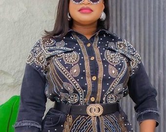 Denim and Diamonds Outfit Matching 2 Piece, Rhinestone Plus Size Top Skirt, Curvy Stretch Jeans Ladies Night Date Birthday Party Photoshoot