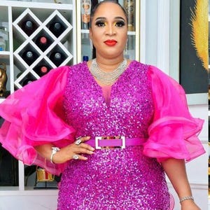 Fuchsia Sequin Wedding Guest Dress Fishtail Ruffle, Plus Mother of Bride Mermaid Gown, Birthday Anniversary Celebrant Dinner Party Cocktail
