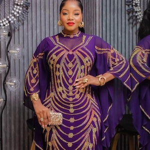 Robe caftan chic avec strass Tenue d&#39;invité de mariage africain Fête nigériane Photo d&#39;anniversaire Cérémonie de fiançailles Dîner d&#39;anniversaire Réception