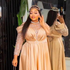 Gold Sequin Wedding Guest Dress Slit, Mother of Bride A-Line Gown Plus Size, Birthday Party Bridal Reception Grad Cocktail Gala Anniversary