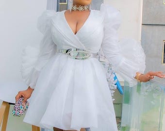 White Wedding Guest Dress Ruffle Sleeve, Civil Wedding Bridal Reception Engagement Celebrant Worthy Anniversary Grad Cocktail Birthday Party