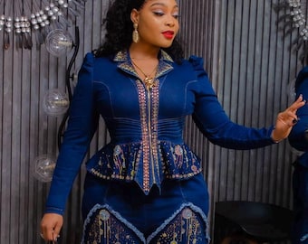 Plus Size Denim and Diamonds Party 2 Piece Set Rhinestone Bling Stretch Curvy Jeans Peplum Shirt + Pants Ladies Night Birthday Dinner Photo