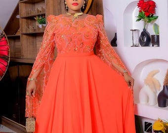 Orange Sequin Draped A-Line Gown Wedding Guest Dress  Birthday Party Gala Anniversary Cocktail Mother of The Bride Formal Evening Attire