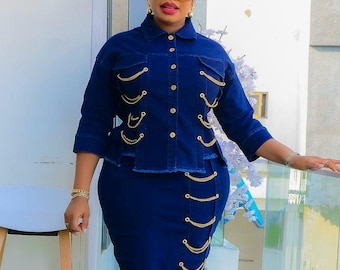 Plus Size Denim Skirt Set, Embellished Party 2-Piece Outfit, Stretch Jeans & Chains