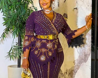 Elegant Long Sleeve Dark Lilac and Gold Ornament Dress - Casual Dress - Comfortable Dress - Unique Dress Design - Women's Fashion Dress