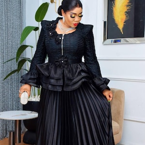 Statement Ruffle Wedding Guest 2 Piece Suit Peplum Pleats Mother of Bride Outfit Top + Skirt, Gala Cocktail Birthday Party Grad Anniversary