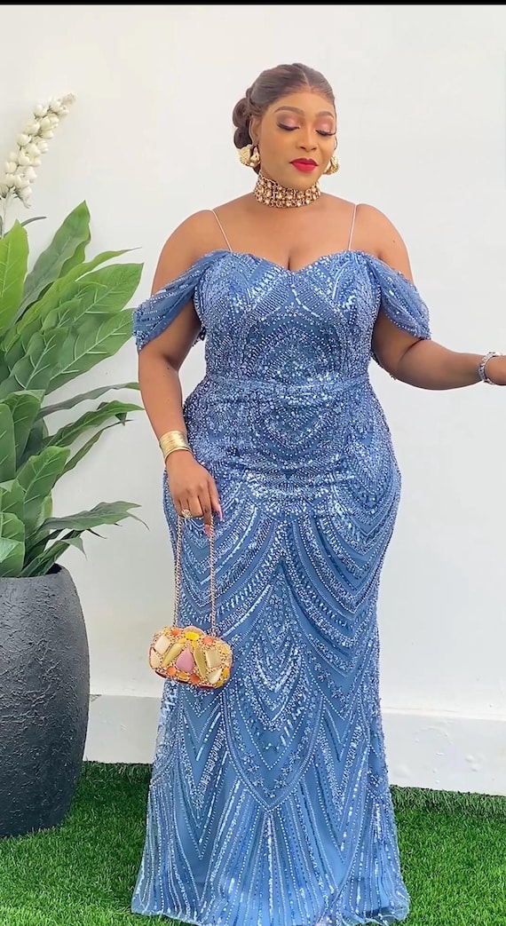 mother of bride engagement party dress Blue Off-the-shoulder Beaded Maxi Dress, Wedding Guest Cocktail Reception Birthday Photoshoot Gala Dinner Prom dressess a cascading ruffle accent Anne Taylor Loft Gray-blue Ball gown Ships From:United States