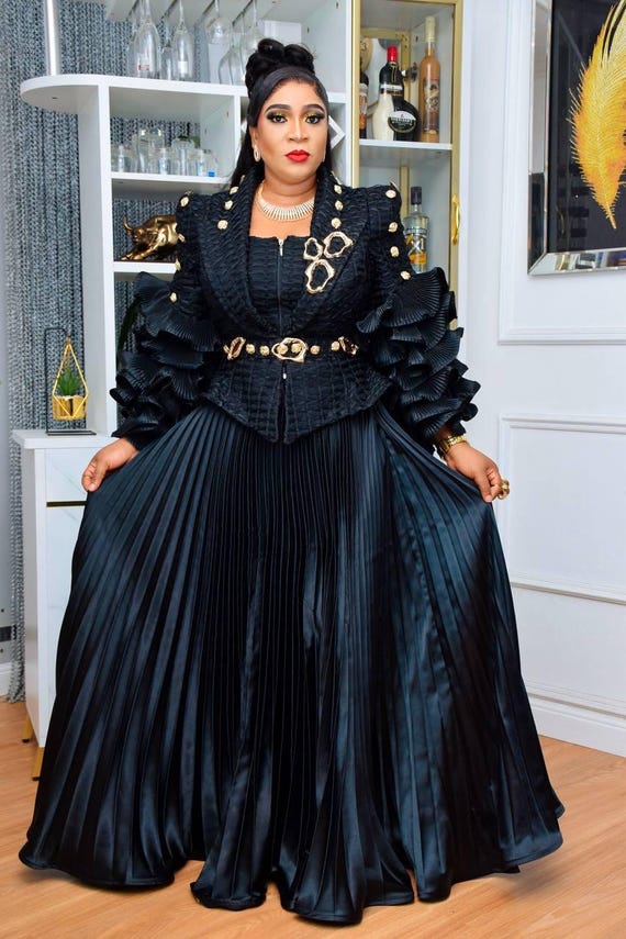 Black Embellished Wedding Guest Outfit Ruffles Pleated Peplum