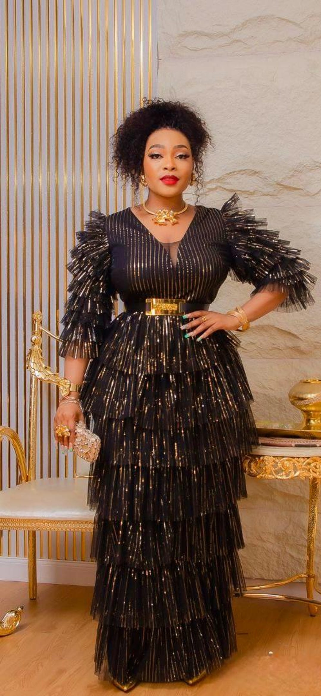 Sparkly Black Gold Wedding Guest Dress Ruffles, Plus Size Mother