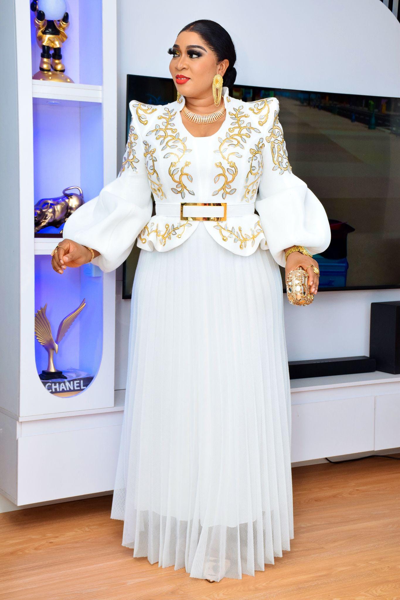 White Sequin Wedding Guest Dress Pleated, Curvy Mother of Bride A-Line Gown Peplum, Birthday Bridal Graduation Anniversary Dinner Party Gala
