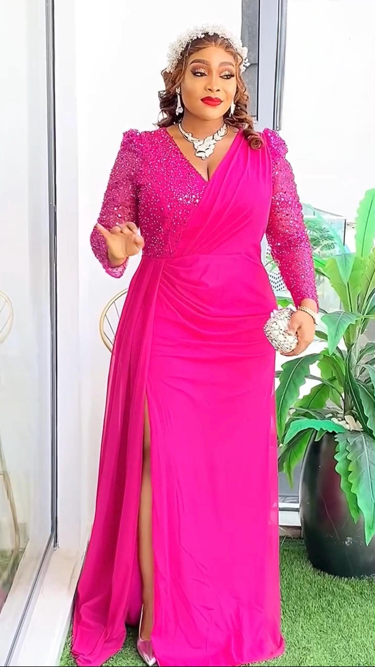 knee length dresses for ladies Mac Duggal V-Neck Long Sleeve 3D Floral Sequin Gown main image 1