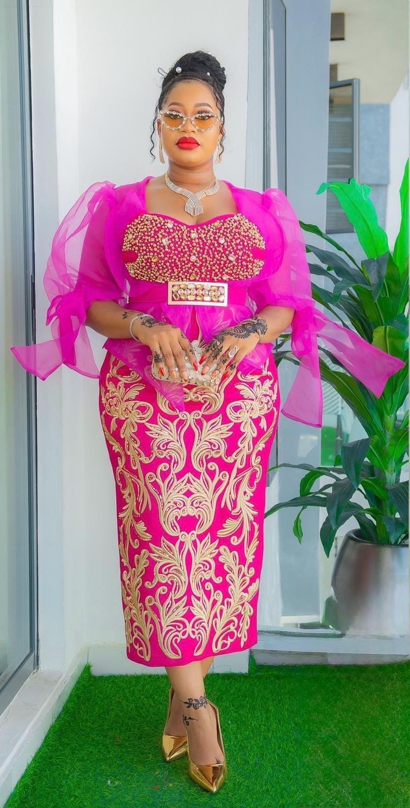pink and gold plus size dress Embellished Wedding Guest Sequin, Mother of Bride Gown, Peplum Party Birthday Gala Reception Cocktail Photoshoot flare gown boasts a
