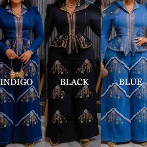 May include: Three matching denim outfits in indigo, black, and blue. Each outfit includes a jacket with gold trim and a matching pair of wide-leg pants. The outfits are embellished with gold and white decorative patterns. The text "INDIGO", "BLACK", and "BLUE" are displayed.