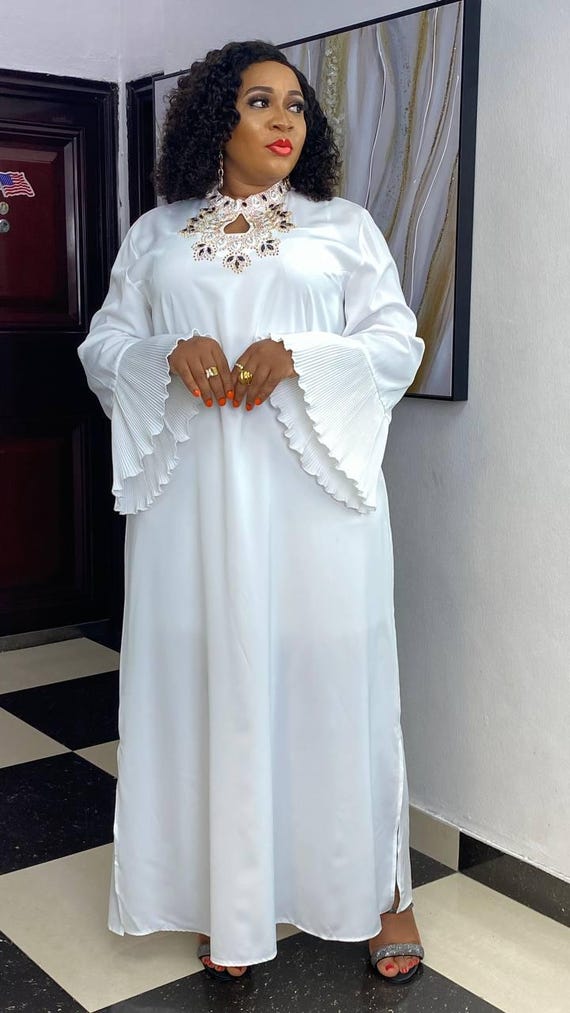 White Kaftan With Rhinestones, Plus Size Women's Caftan, Wedding