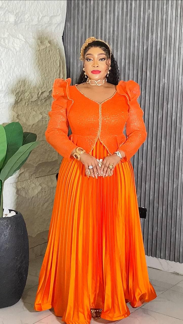 Orange Embellished Wedding Guest Dress Ruffle Pleated, Curvy Plus Size Mother of Bride A-Line Gown Peplum Birthday Party Reception Gala Grad