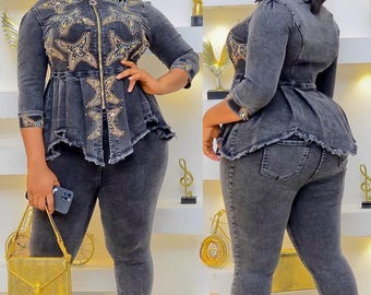 Black Denim and Diamonds 2 Piece Set Stretch Rhinestone Curvy Jeans Top & Pants Concert Ladies Night Date Birthday Party Photoshoot Dinner