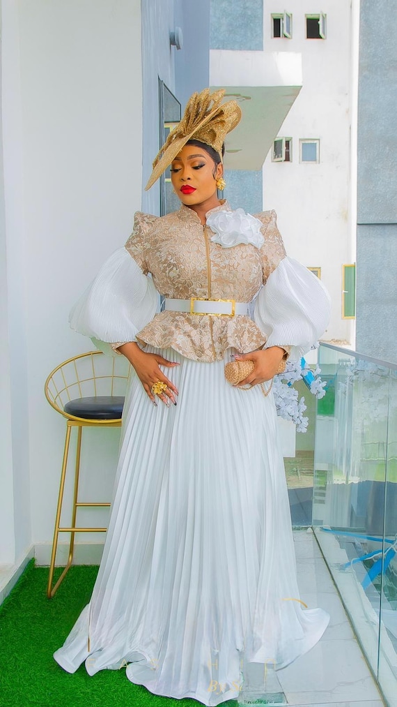 white and gold church dress & Bishop Sleeve Top + Pleated A-Line Skirt Set female clergy clergy dresses with collar