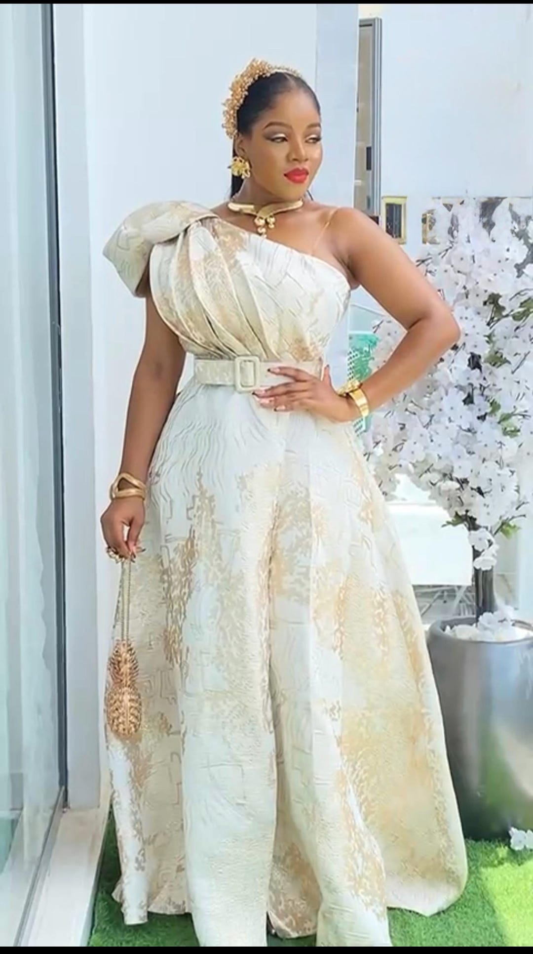 One Shoulder Brocade Wedding Guest Dress Champagne Gold