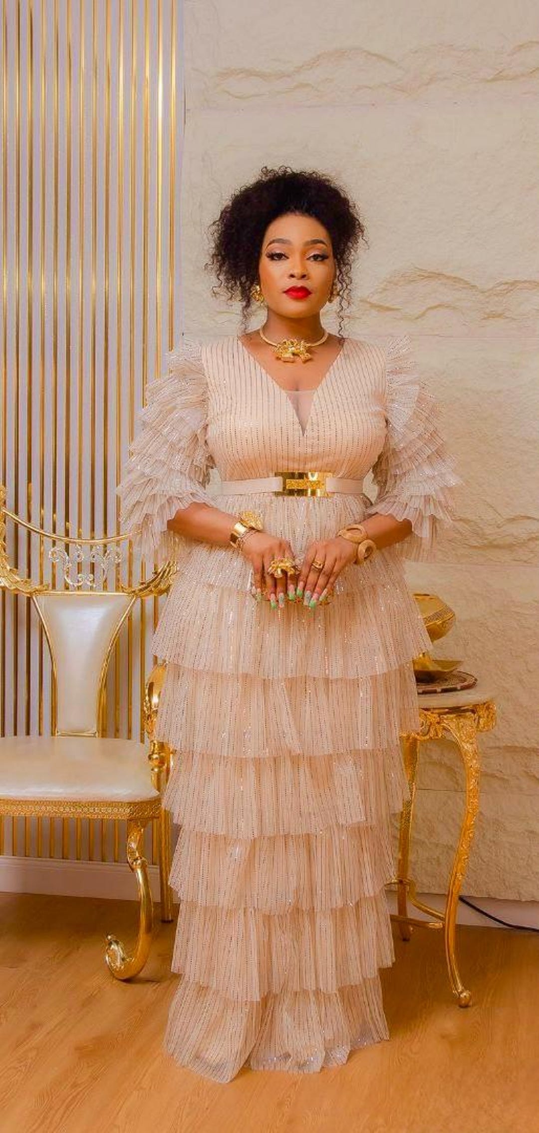 Sparkly Gold Wedding Guest Dress Waterfall Ruffles, Curvy Mother