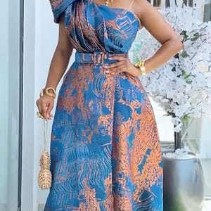 Enaxlad Guldbrokad Utsvängd Maxiklänning Bröllopsgäst A-linjeformad Klänning till Brudens Mor Plus Size, Födelsedagsfest Gala Jubileumsmottagning Blå