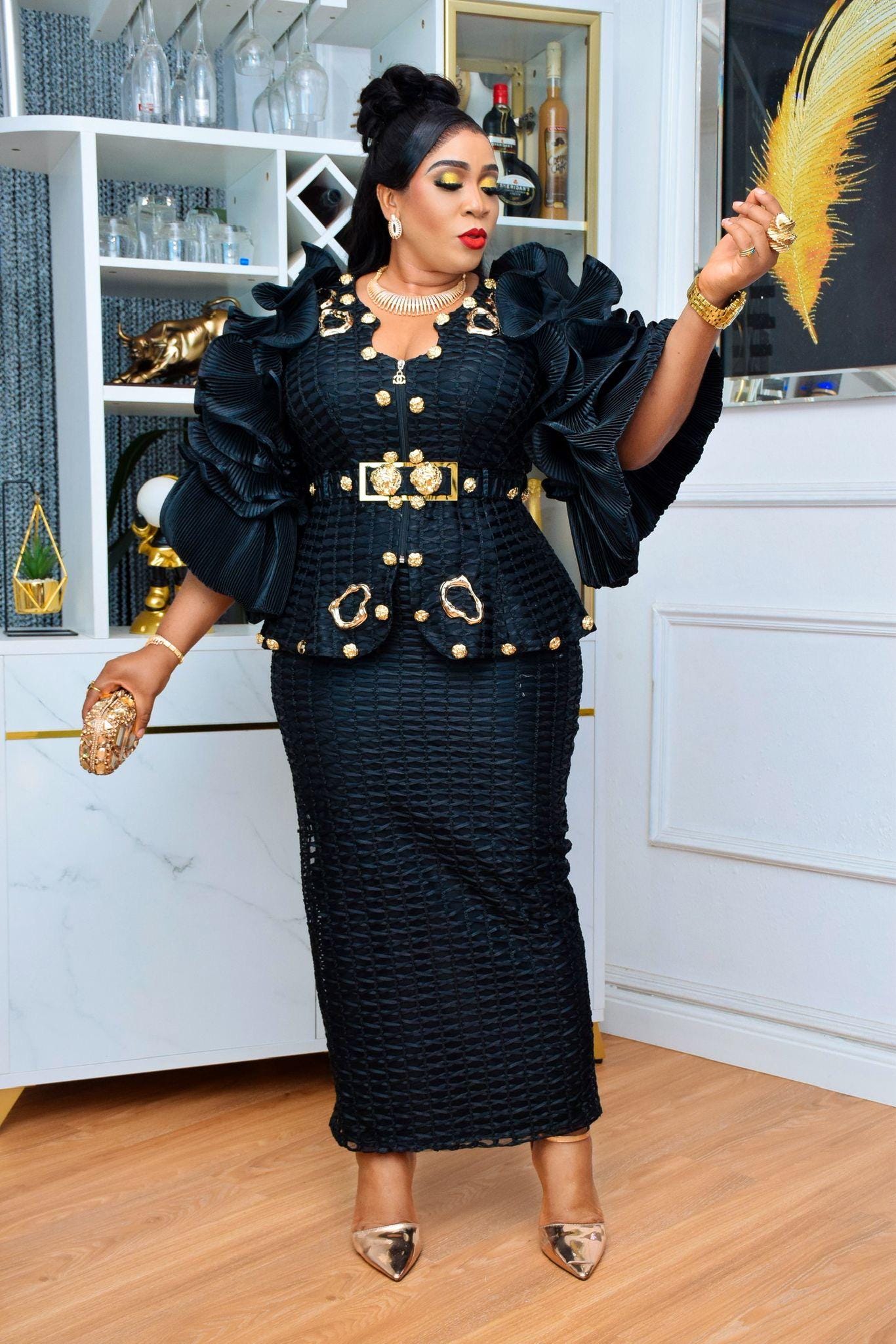 Dramatic Black Ruffle Embellished Peplum Top and Skirt, Mother of