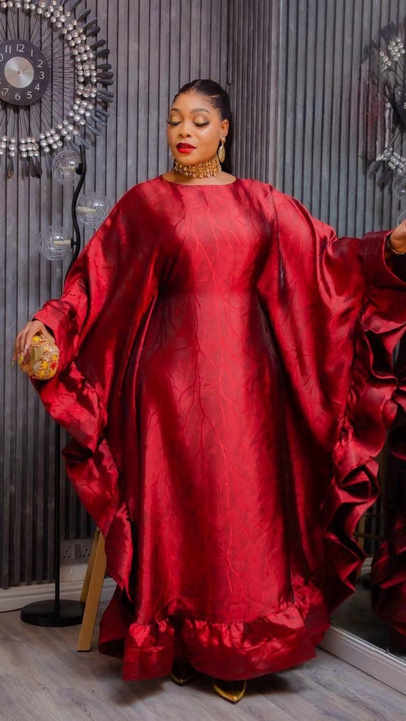 Burgundy Brocade Ruffle Kaftan Bubu Dress, African Wedding Guest Attire  Engagement Ceremony Birthday Party Dinner Reception