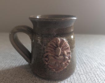 Glazed Ceramic Pottery Mug with Earth Tones and 3D Design, Signed, EUC