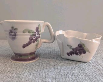 Hilborn Pottery Creamer and Folded Sugar Bowl, Grape Themed, VGC