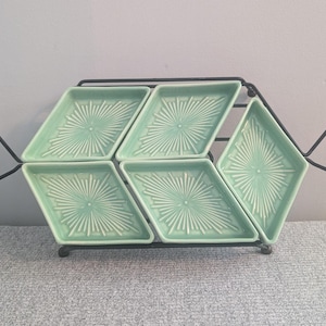 Green/Teal Glazed Ceramic Party/Snack Tray on Wire Frame, Vintage/MCM, 5pc