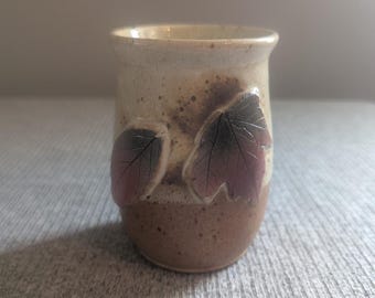 Glazed Speckled Pottery Leaf Cup with 3D Leaf Design, EUC